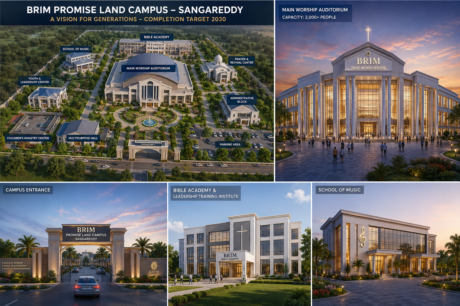 BRIM Promise Land Campus — Sangareddy: aerial view with Main Worship Auditorium, Bible Academy, School of Music, Prayer & Revival Center, and more