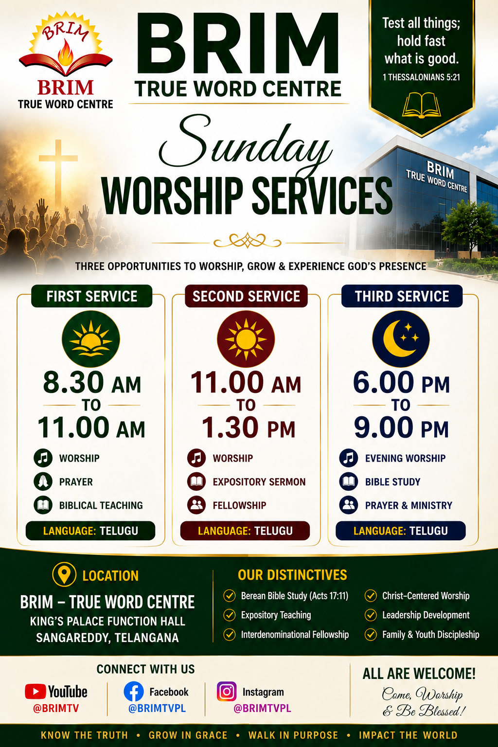 BRIM True Word Centre Sunday Worship Services — three services with timings and location
