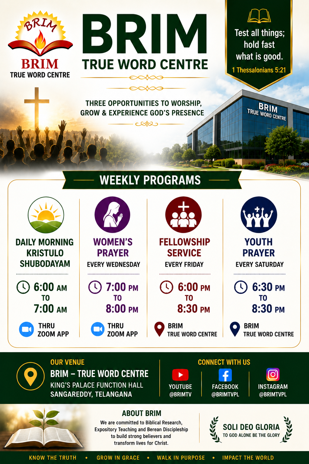 BRIM True Word Centre Weekly Programs — daily morning prayer, women's prayer, fellowship service and youth prayer